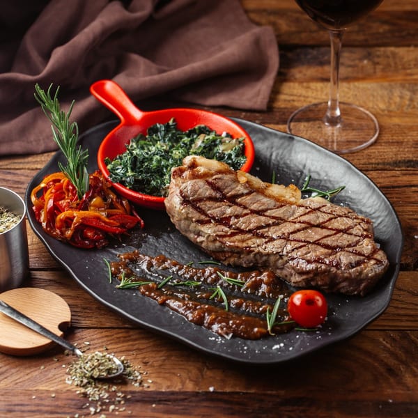 Grilled steak with sauce, roasted peppers, and spinach on a black plate with a glass of red wine.